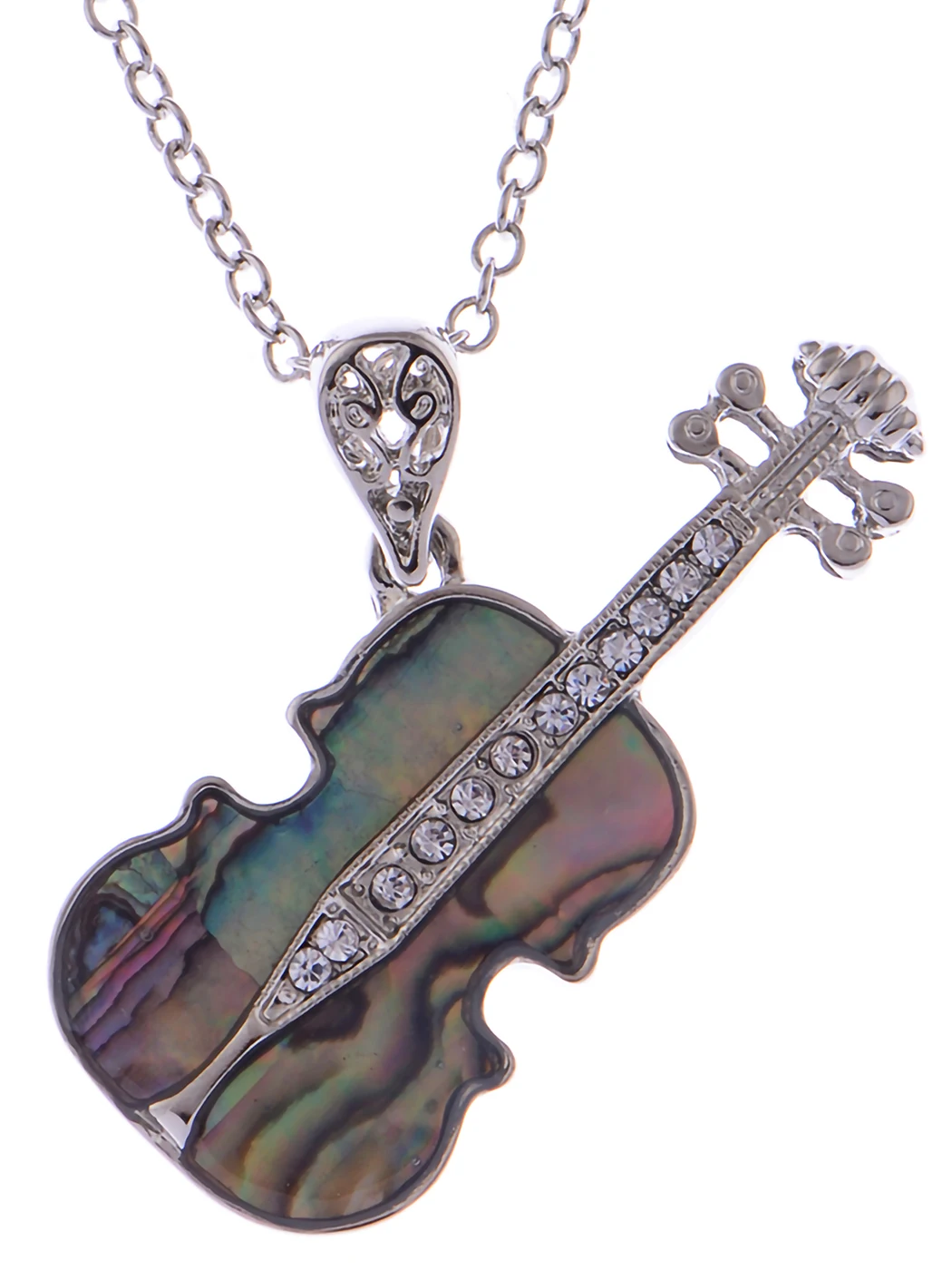 

Womens Silvery Tone Shine Clear Crystal Rhinestones Abalone Colored Enamel Guitar Pendant Necklace