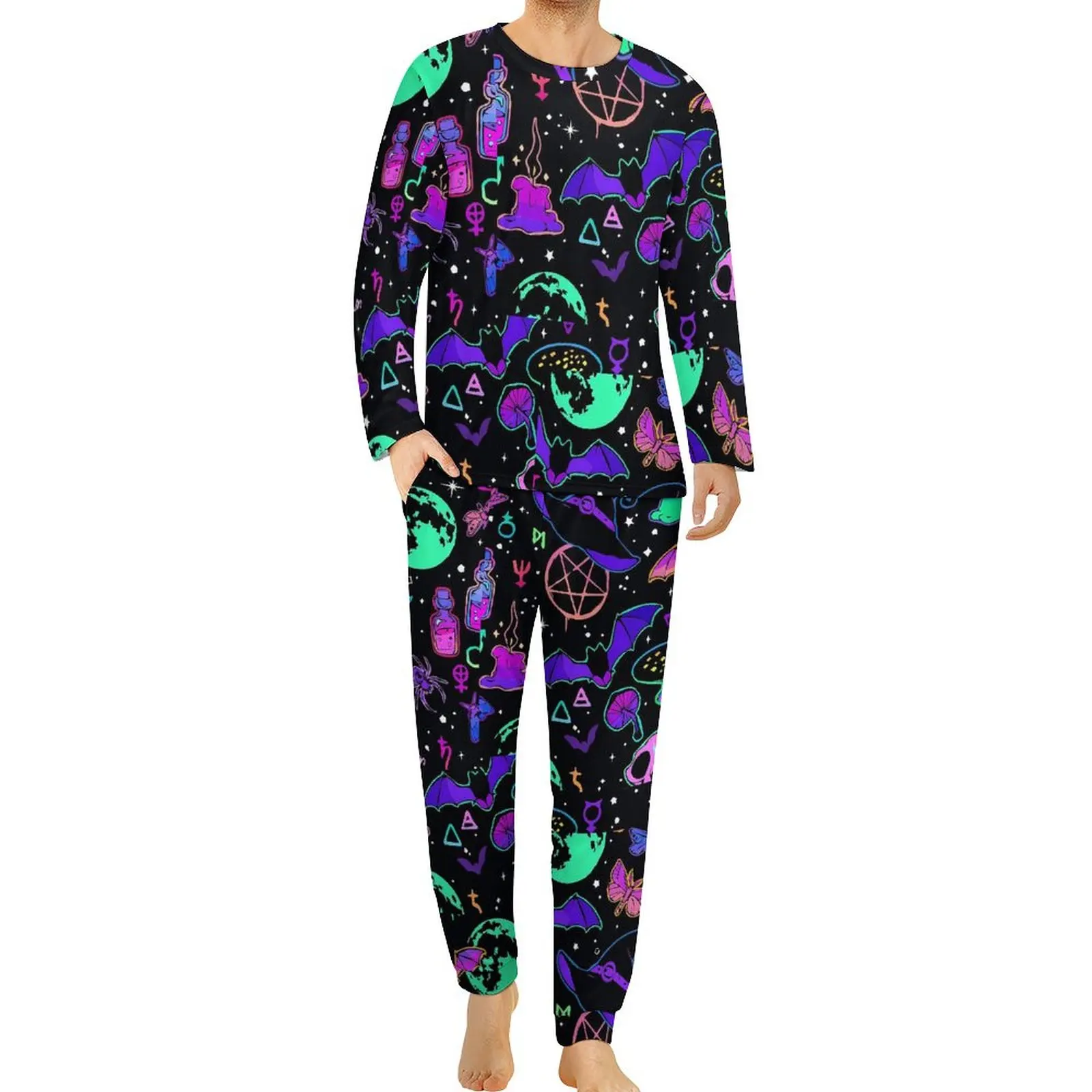 

Пижама с принтом на Хэллоуин, мужская летучая мышь и призрак, элегантная одежда для сна, весенние пижамные комплекты из двух предметов с длинным рукавом и узором для отдыха, 4XL, 5XL