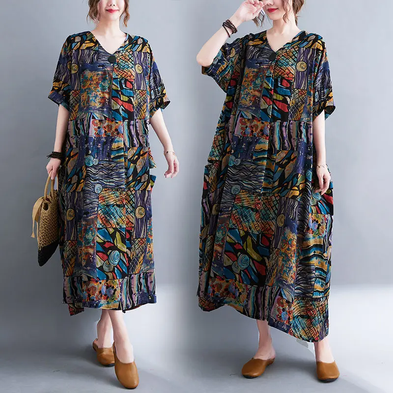 Abstract Large Size Women's Clothing 2022 New Summer Loose Cotton Linen Dress Short Sleeve Female Oversized Casual Robe h1396
Abstract Large Size Women's Clothing 2022 New Summer Loose Cotton Linen Dress Short Sleeve Female Oversized Casual Robe h1396
