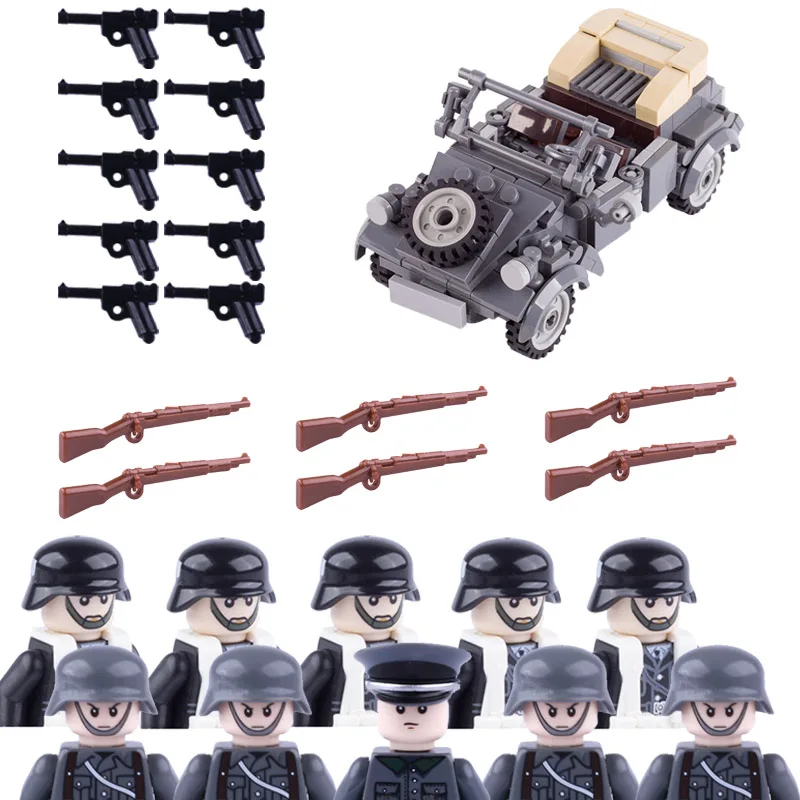 

MOC WW2 Military German Infantry Soldier Figure Building Blocks Weapon Army 98K Pistol Gun Car Accessories Bricks Toys Boys Gift