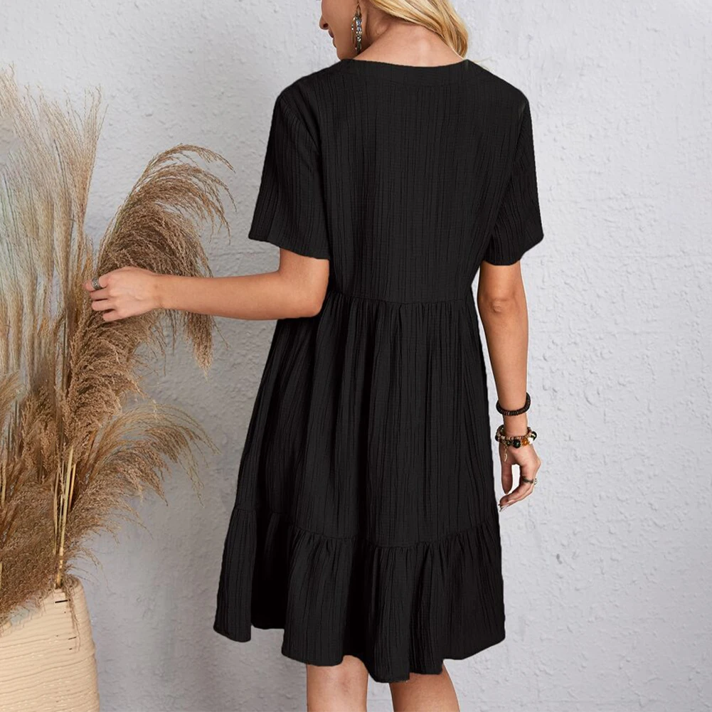 Women Summer V Neck Short Sleeve Ruffles Bohemian Solid Color Casual Loose Dress Holiday Short Sleeve Beach Dress
Women Summer V Neck Short Sleeve Ruffles Bohemian Solid Color Casual Loose Dress Holiday Short Sleeve Beach Dress