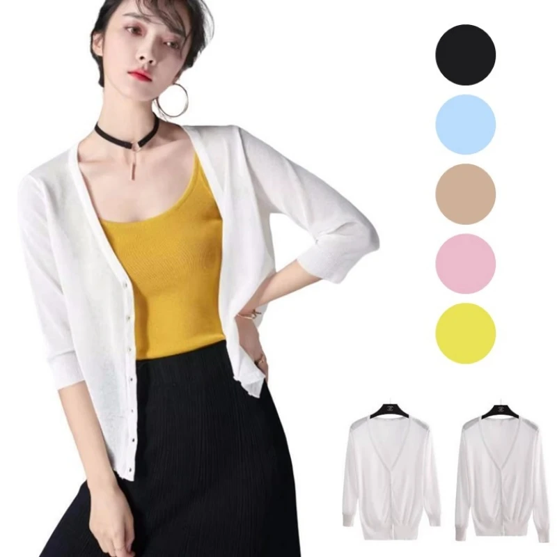 Cardigan Summer Long Sleeves Three-quarter Sleeves Korean Style V-neck Knit Sweater UV-cut Ice Silk Top Women's Thin Oversize
Cardigan Summer Long Sleeves Three-quarter Sleeves Korean Style V-neck Knit Sweater UV-cut Ice Silk Top Women's Thin Oversize