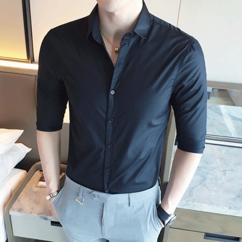 Smart Casual Office Men Summer Shirt Three Quarter Sleeve Solid Color Lapel Slim Fit Button Up Tops Business Classic Mens Shirts
Smart Casual Office Men Summer Shirt Three Quarter Sleeve Solid Color Lapel Slim Fit Button Up Tops Business Classic Mens Shirts