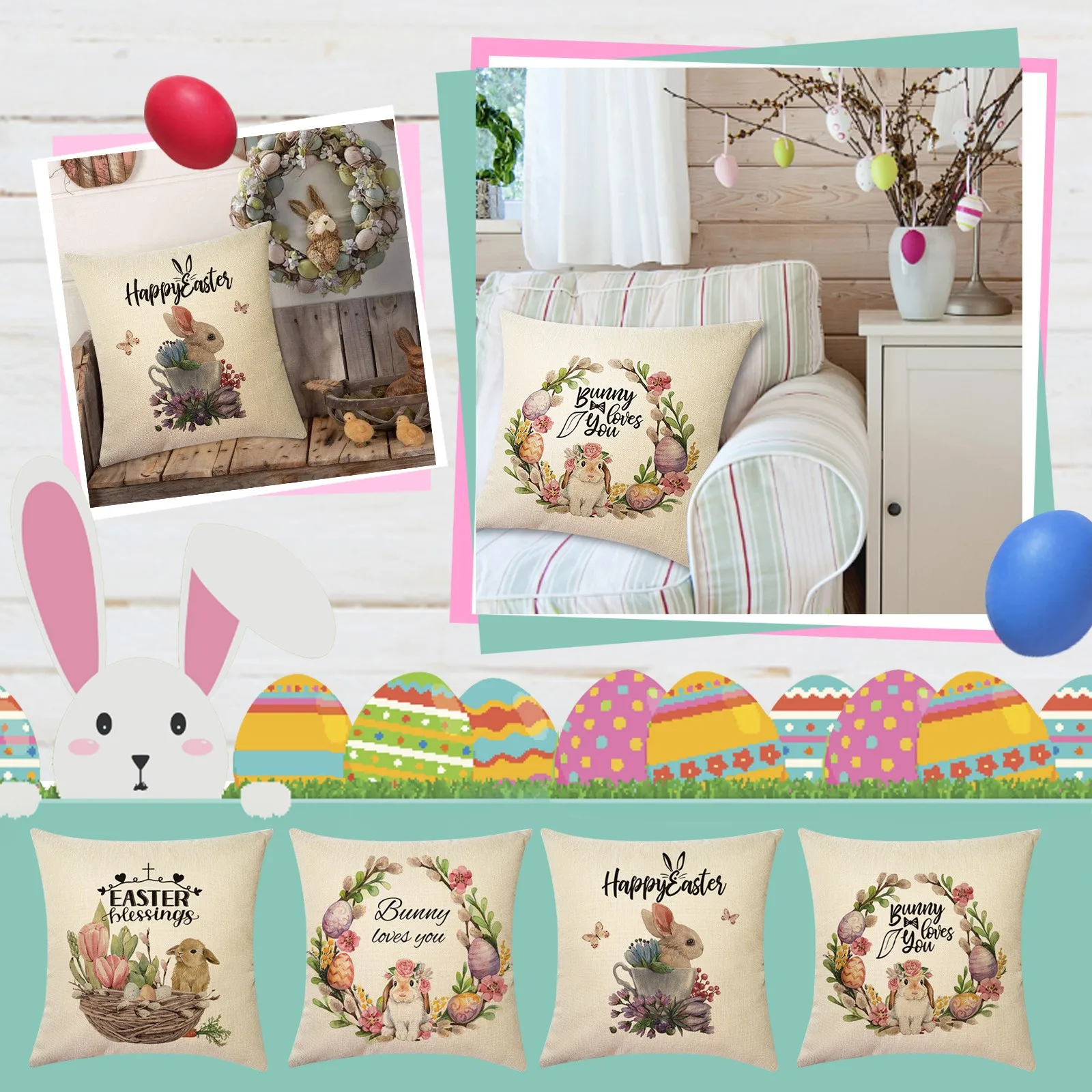 Happy Easter Home Decor Cushion Cover Flowers Bunny Eggs Printed Pillow Cover Easter Decorations Square Linen Throw Pillowcase
Happy Easter Home Decor Cushion Cover Flowers Bunny Eggs Printed Pillow Cover Easter Decorations Square Linen Throw Pillowcase