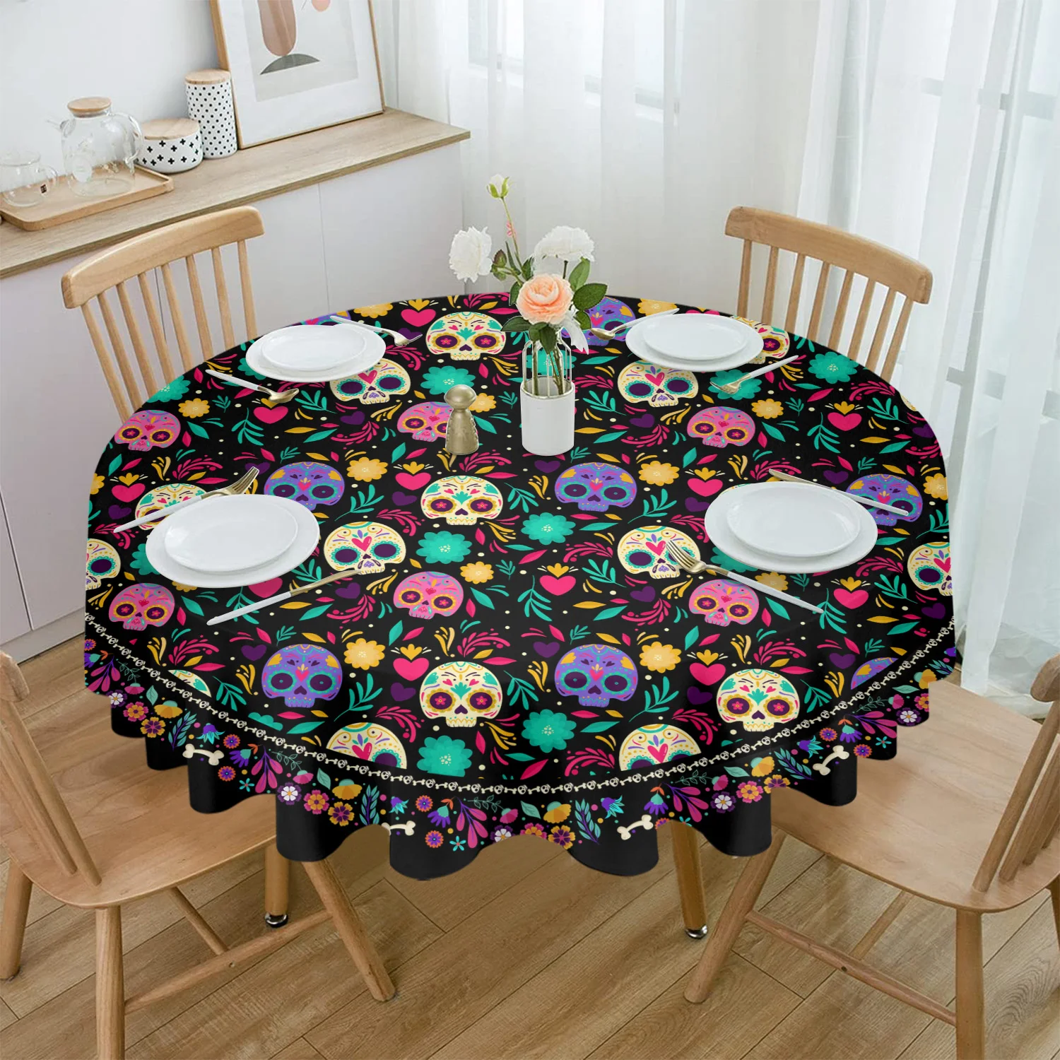 Круглая скатерть с мексиканским черепом и цветами, водонепроницаемая скатерть на стол для свадебной вечеринки, скатерть на рождественский обеденный стол 
Круглая скатерть с мексиканским черепом и цветами, водонепроницаемая скатерть на стол для свадебной вечеринки, скатерть на рождественский обеденный стол