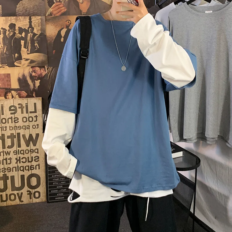 Fake Two Piece T Shirt Men's Autumn Fashion Couple Round Neck Top Korean Style Oversized Loose Solid Long Sleeve Men Clothing
Fake Two Piece T Shirt Men's Autumn Fashion Couple Round Neck Top Korean Style Oversized Loose Solid Long Sleeve Men Clothing
