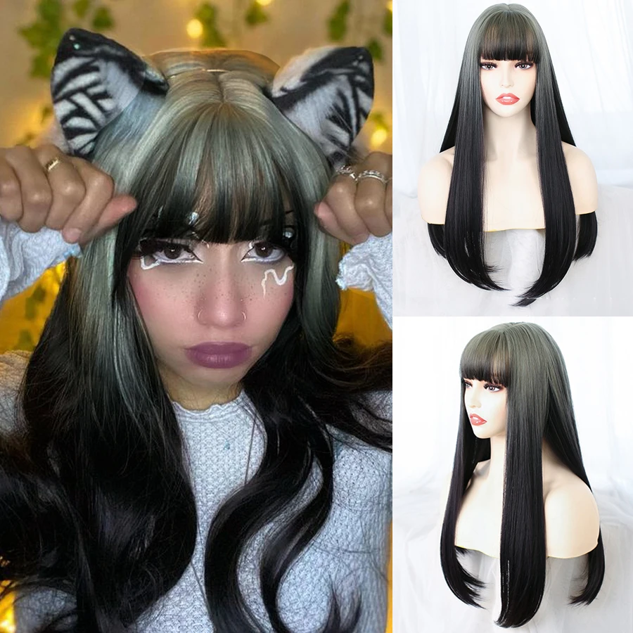 LANLAN Омбре зелено-серый черный длинные прямые синтетические парики с челкой косплей натуральный термостойкий синтетический парик для женщин. 
LANLAN Омбре зелено-серый черный длинные прямые синтетические парики с челкой косплей натуральный термостойкий синтетический парик для женщин.