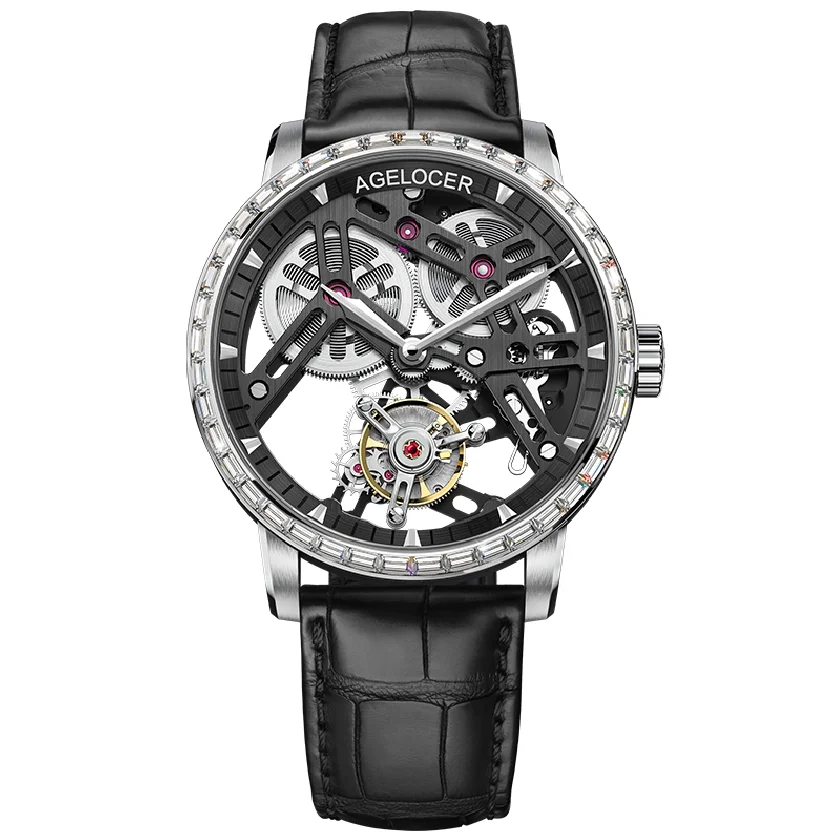 

AGELOCER Business Watches Men Skeleton Mechanical Clock Tourbillon Waterproof Rhinestone Mechanical Watch Mens Relogio Masculino