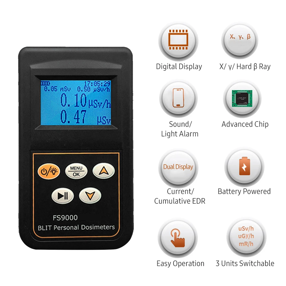 FS9000 Radiation Detector Geiger Counter Dosimeter Dose Alarm X/ γ/ Hard β Ray Detecting Current & Cumulative DER Monitor
FS9000 Radiation Detector Geiger Counter Dosimeter Dose Alarm X/ γ/ Hard β Ray Detecting Current & Cumulative DER Monitor