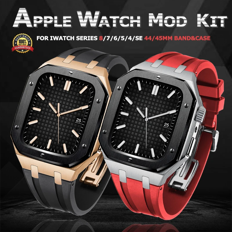 Luxury Modification Kit For Apple Watch Band Series 8 7 45 Rubber Strap Metal Case Stainless Steel Cover For iWatch SE 654 44mm
Luxury Modification Kit For Apple Watch Band Series 8 7 45 Rubber Strap Metal Case Stainless Steel Cover For iWatch SE 654 44mm