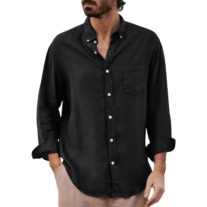 

Рубашка мужская с воротником с лацканами, однотонная простая блузка свободного покроя с длинным рукавом, на пуговицах, с нагрудным карманом
