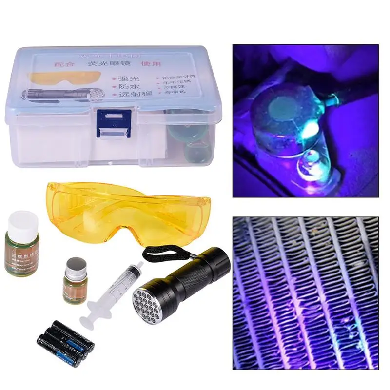 Car R134A R12 Air Conditioning A/C System Leak Test Detector Kit 28 LED UV Flashlight Protective Glasses UV Dye Tool Set
Car R134A R12 Air Conditioning A/C System Leak Test Detector Kit 28 LED UV Flashlight Protective Glasses UV Dye Tool Set
