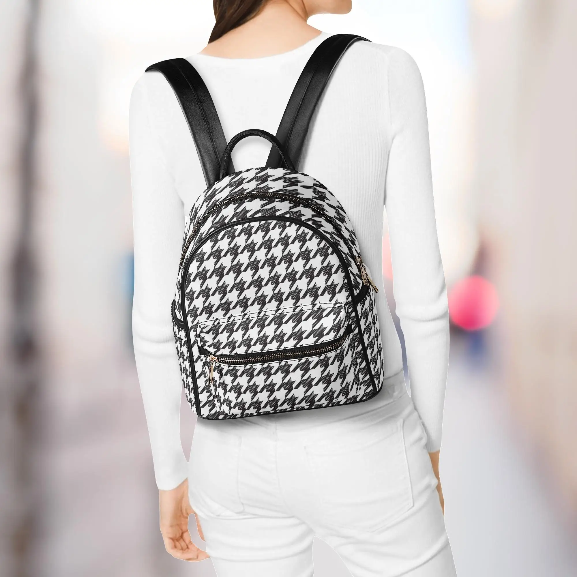 2023 Black White Houndstooth Designer Vegan Leather Backpack For Women Big Size Pocket Zipper Shoulder Bag For Work
2023 Black White Houndstooth Designer Vegan Leather Backpack For Women Big Size Pocket Zipper Shoulder Bag For Work