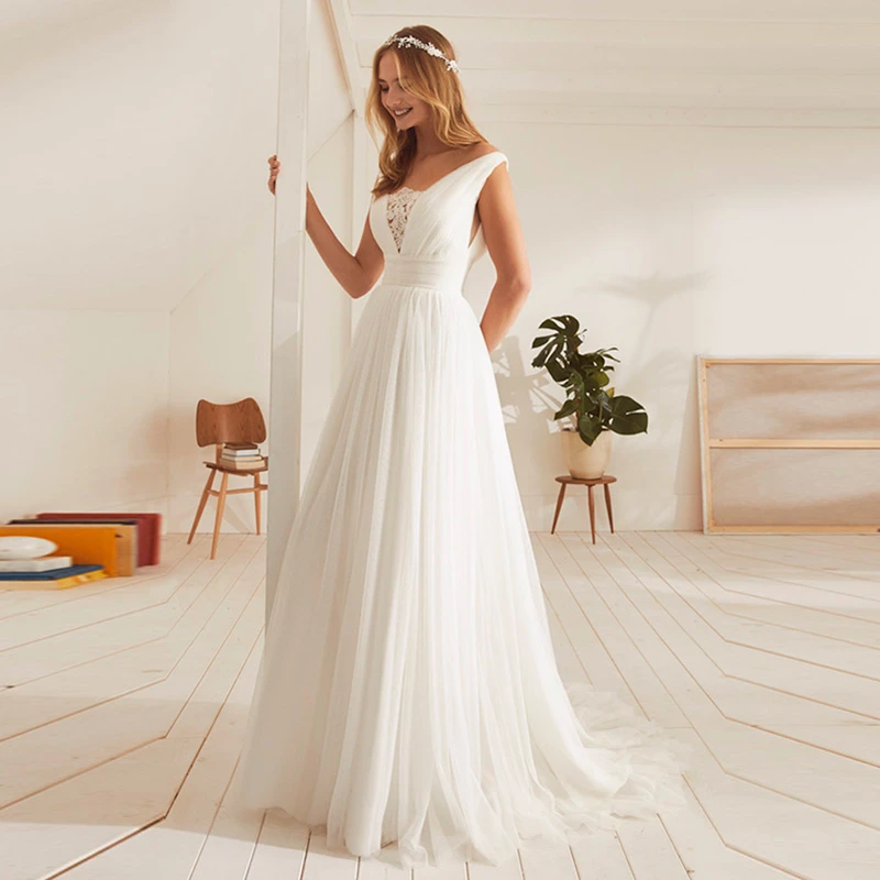 

vinca sunny novias Beach Wedding Gowns For Brides 2023 Lace Tulle A-Line Princess V-neck Sweep Train Boho Civil Robe De Mariée