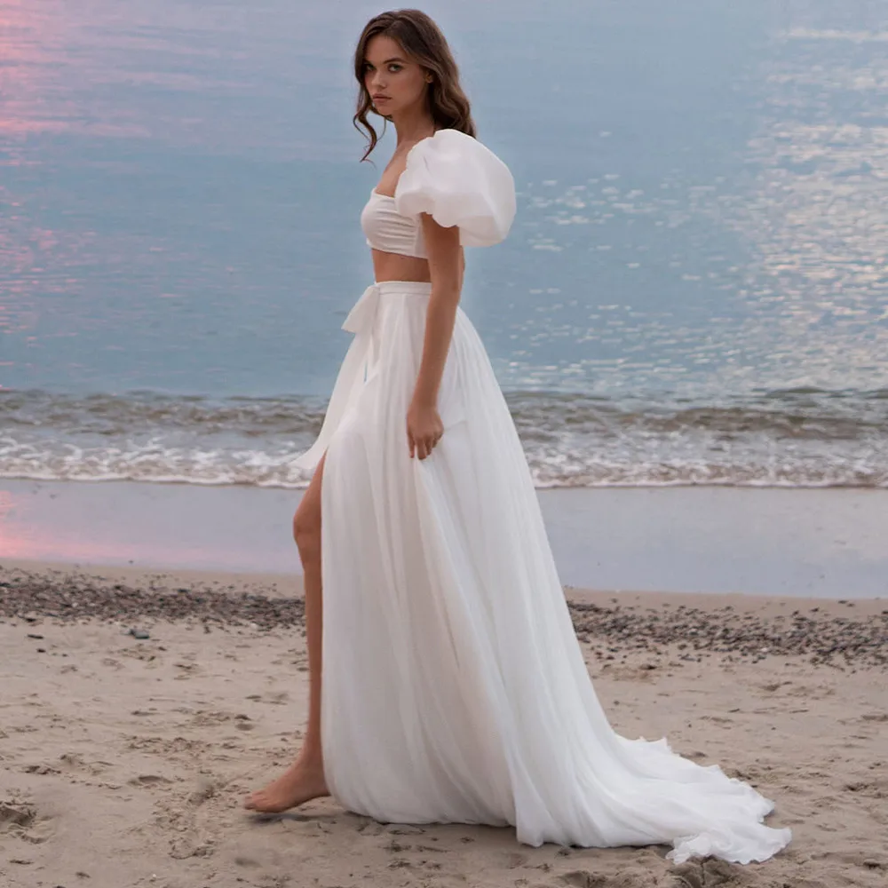 Two Pieces Boho Beach A-Line Wedding Dress Detachable Puff Sleeves Strapless Bridal Gown High Split Chiffon Vestido De Novia
Two Pieces Boho Beach A-Line Wedding Dress Detachable Puff Sleeves Strapless Bridal Gown High Split Chiffon Vestido De Novia