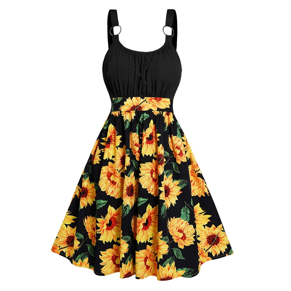 

Women Dress Sunflower Print Colorblock Sundress Ruched O Ring High Waist Vacation Beach Casual Contrast Color Dress