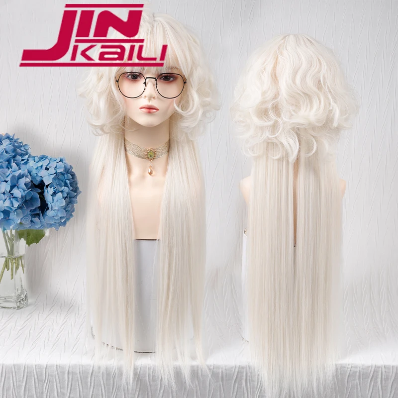 

JINKAILI 70cm Synthetic Long Wavy Curly Cosplay Wig With Bangs White Light Blonde Lolita Wig Women Halloween Cosplay Wigs Female