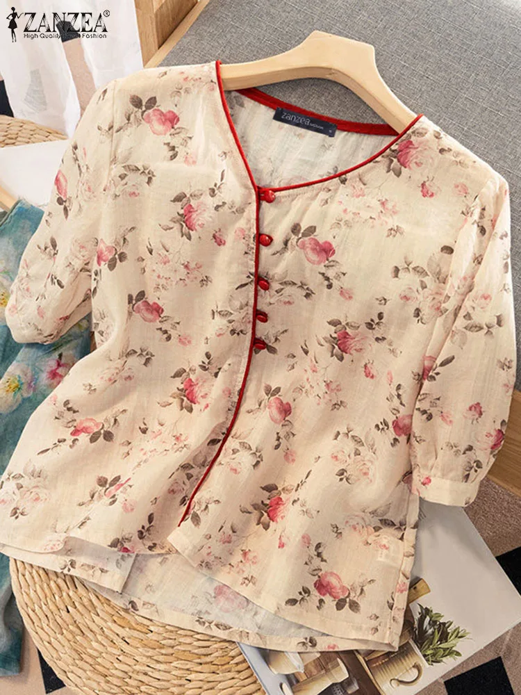 

Винтажные женские рубашки ZANZEA с цветочным принтом, богемные ретро топы, осень 2023, праздничные блузки с рукавом 3/4, модные туники на пуговицах