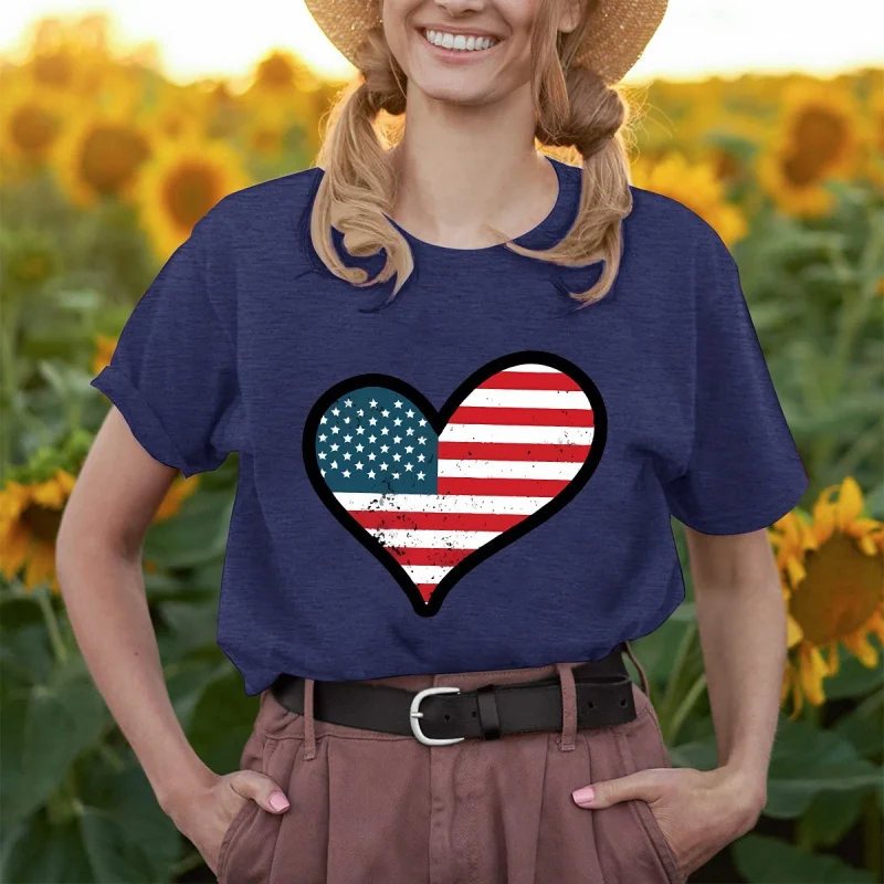 Loose women's American flag heart print round neck short-sleeved T-shirt women's tops shirt casual
Loose women's American flag heart print round neck short-sleeved T-shirt women's tops shirt casual