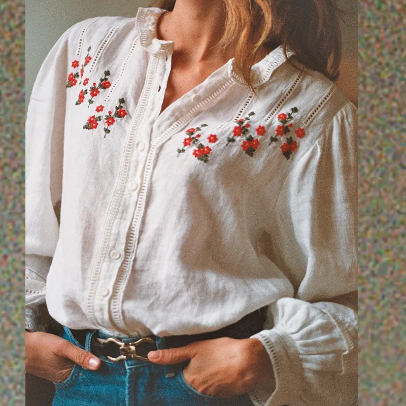 Vintage Printed Embroidered Ear Collar Blouse Cotton Linen Hollow Cardigan Single Breasted Female Shirt Fashion Camisas Mujer
Vintage Printed Embroidered Ear Collar Blouse Cotton Linen Hollow Cardigan Single Breasted Female Shirt Fashion Camisas Mujer