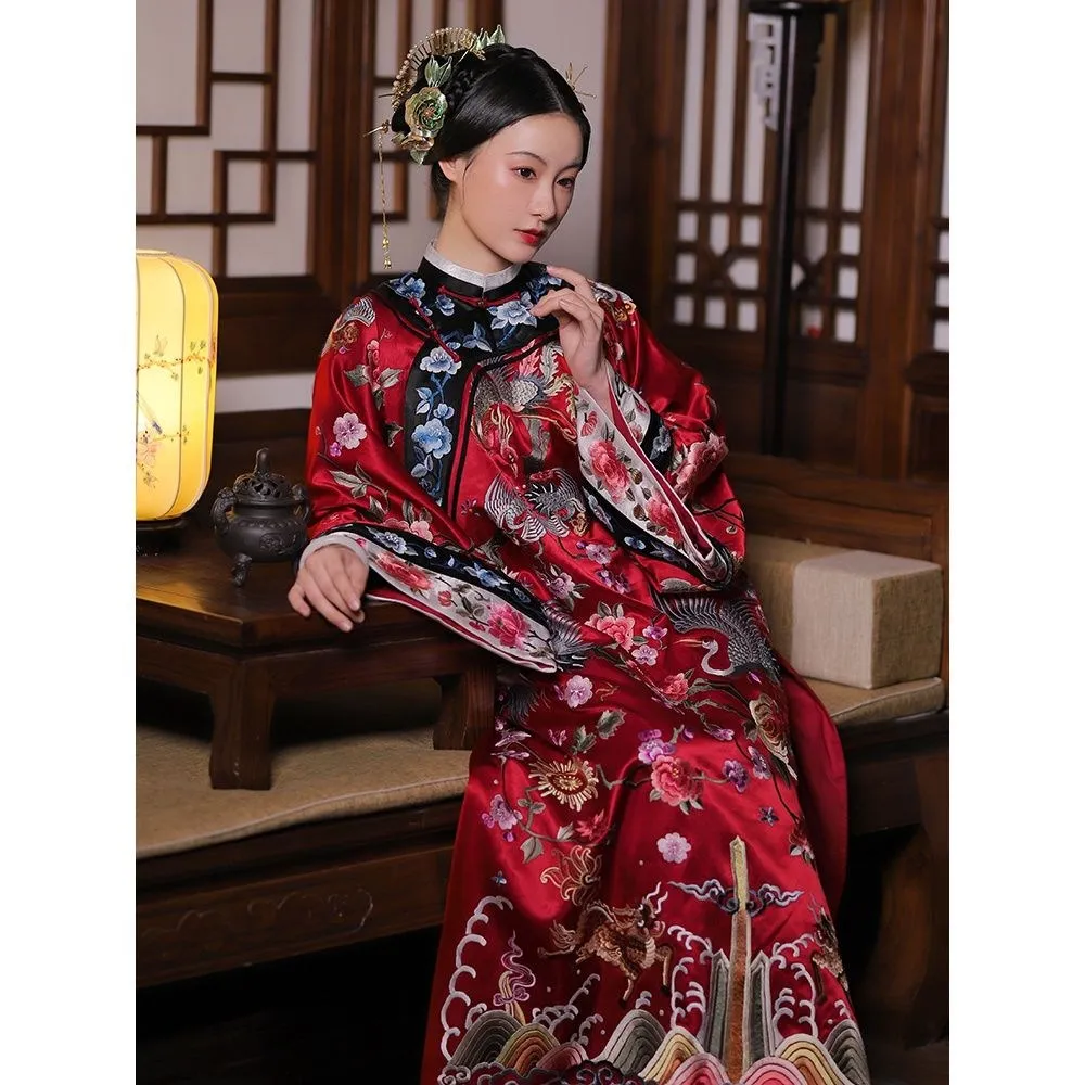 

Hanfu Traditional Chinese Cosplay Costumes Qing Dynasty Qipao Red Printing Imitation Embroidery Improved Cloak Cheongsam Dress