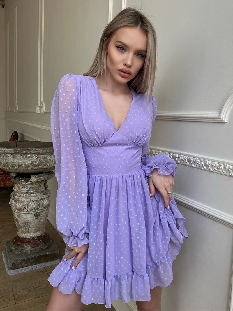 Женское шифоновое платье Capucine, летнее однотонное платье в горошек, с оборками, глубоким V-образным вырезом, с рукавами-фонариками 
Женское шифоновое платье Capucine, летнее однотонное платье в горошек, с оборками, глубоким V-образным вырезом, с рукавами-фонариками