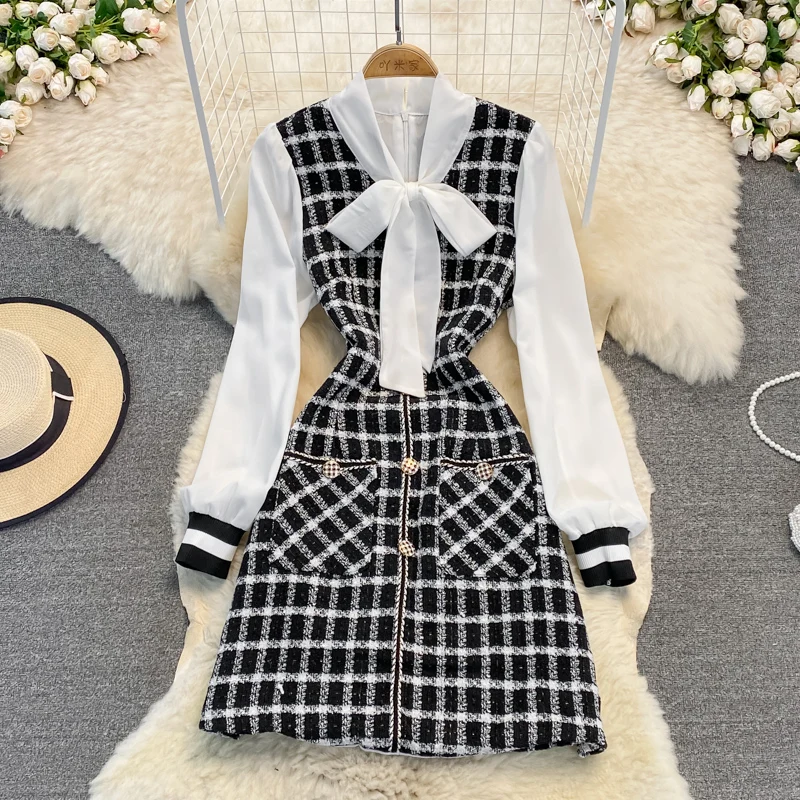 Socialite Elegant Classic Style Fake Two-Piece Dress for Women 2021 Autumn and Winter New Waist Slimming Plaid A- line Dress
Socialite Elegant Classic Style Fake Two-Piece Dress for Women 2021 Autumn and Winter New Waist Slimming Plaid A- line Dress