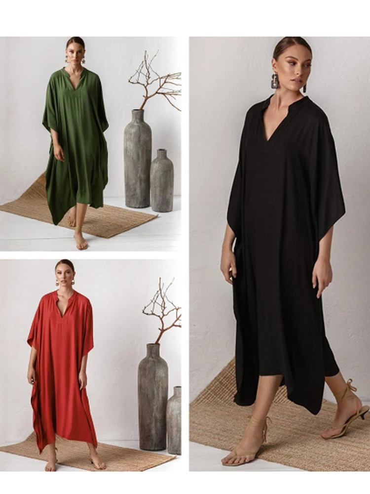 Swimsuit Cover Up Women Kaftan Beach Tunic Solid V Neck Elegant Summer Long Dress Loose Beachwear Bathing Suit Swimwear
Swimsuit Cover Up Women Kaftan Beach Tunic Solid V Neck Elegant Summer Long Dress Loose Beachwear Bathing Suit Swimwear