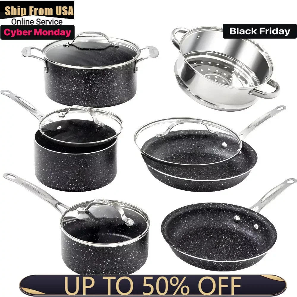 

10 Piece Nonstick Cookware Set, Includes Steamer, Scratch Resistant, Granite Coated, Dishwasher and Oven-Safe, PFOA-Free, Black