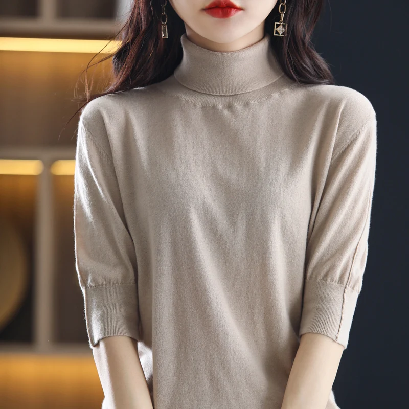 Autumn Winter New Women Languid High Collar Half Sleeve T-shirts Female Solid Color Thin Knitted Top Vintage Bottoming Shirt 
Autumn Winter New Women Languid High Collar Half Sleeve T-shirts Female Solid Color Thin Knitted Top Vintage Bottoming Shirt