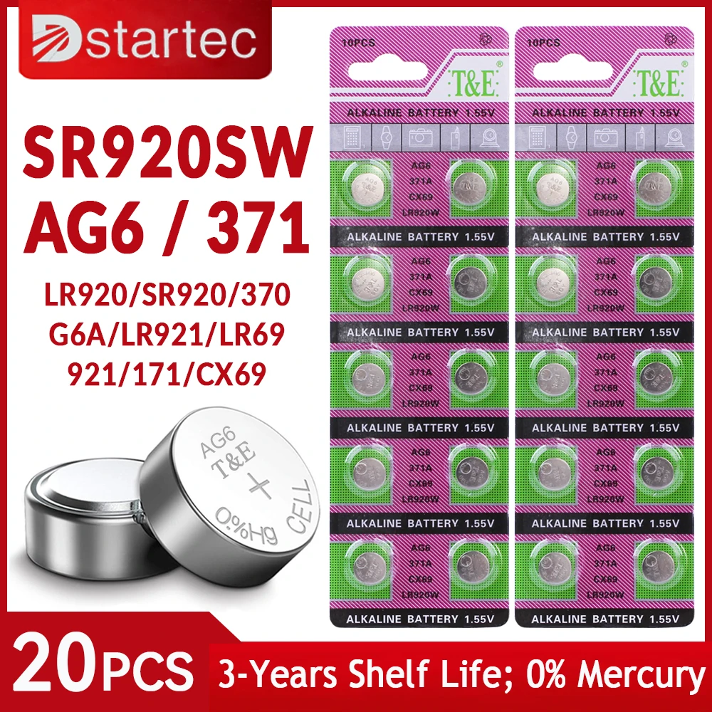 20 шт., батарейки AG6 LR920 370 1,55 в для часов и игрушек, батарейки L921 LR69 SR920 370 371A 171 SR920SW, батарейки для монет, щелочные батарейки
20 шт., батарейки AG6 LR920 370 1,55 в для часов и игрушек, батарейки L921 LR69 SR920 370 371A 171 SR920SW, батарейки для монет, щелочные батарейки