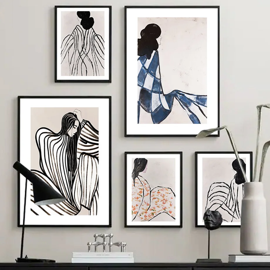 

Черно-белая абстрактная Минималистичная линия для девушек, настенная Картина на холсте, скандинавские постеры и принты, настенные картины для декора гостиной