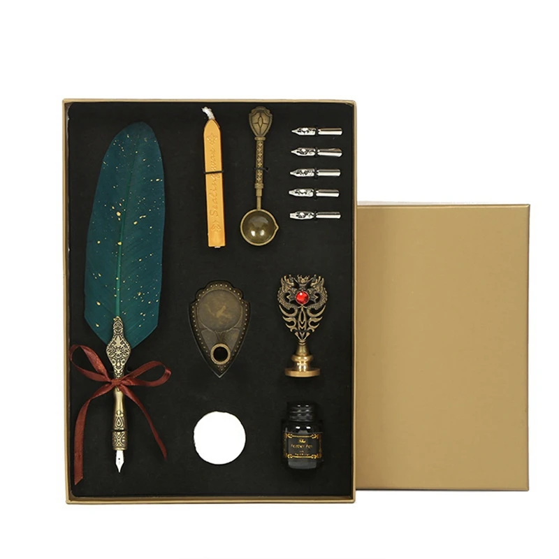 Feather Calligraphy Pen Ink Set Vintage Quill Dip Pen Writing Ink Nibs Kit with Seal Stamp Wax Seal Sticks
Feather Calligraphy Pen Ink Set Vintage Quill Dip Pen Writing Ink Nibs Kit with Seal Stamp Wax Seal Sticks