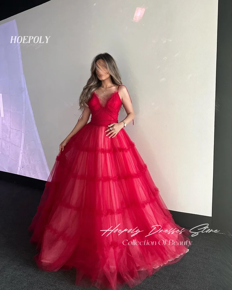 

Hoepoly V-Neck Elegant A-Line USA Euro Evening Dresses Tiered Tulle Red Formal Occasion Floor-Length Prom Gown For Sexy Women