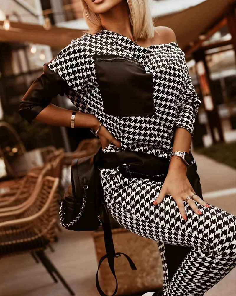 Houndstooth Print Zip Detail Long Sleeve Top & Pants Set Women 2pcs Clothes Suit Sweatshirt Pencil Pants
Houndstooth Print Zip Detail Long Sleeve Top & Pants Set Women 2pcs Clothes Suit Sweatshirt Pencil Pants