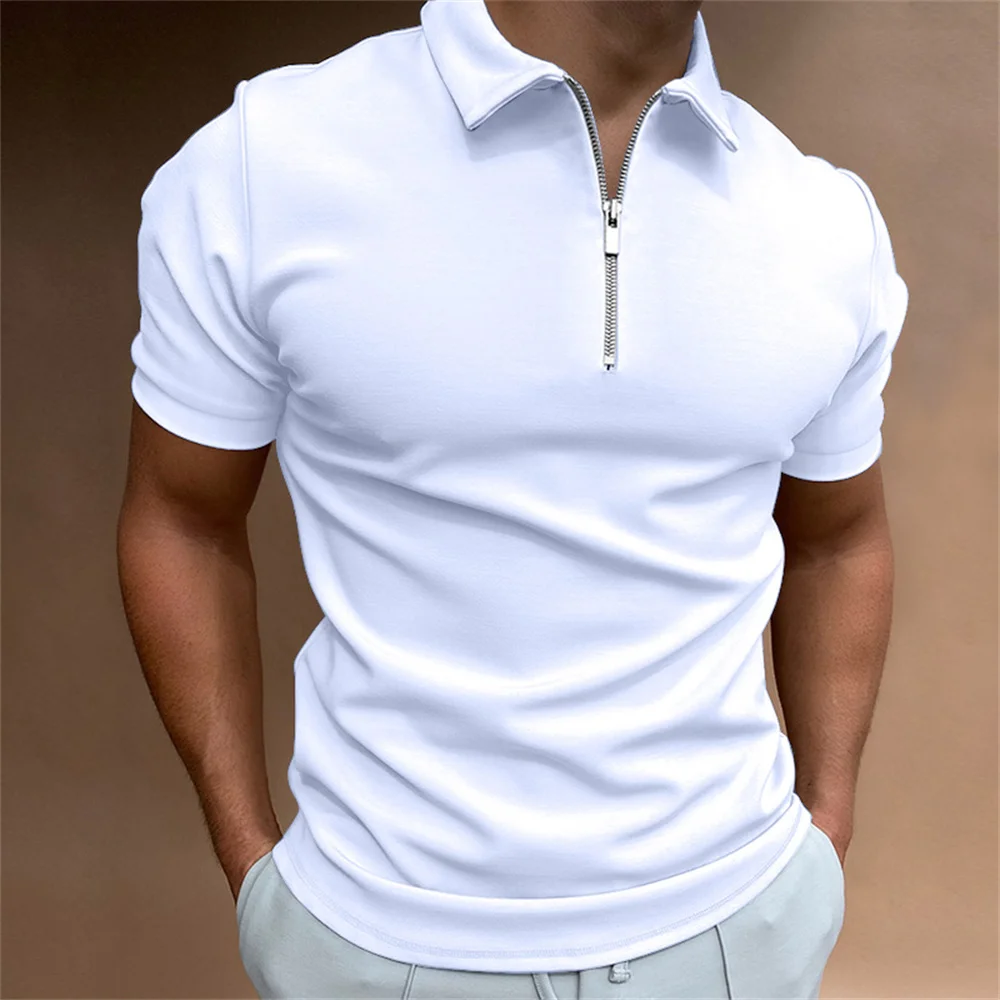 

Мужские футболки на молнии, Мужская отложная рубашка-поло цвета хаки, темно-синего цвета с коротким рукавом, рубашка для гольфа, однотонная полосатая одежда в Корейском стиле, топы