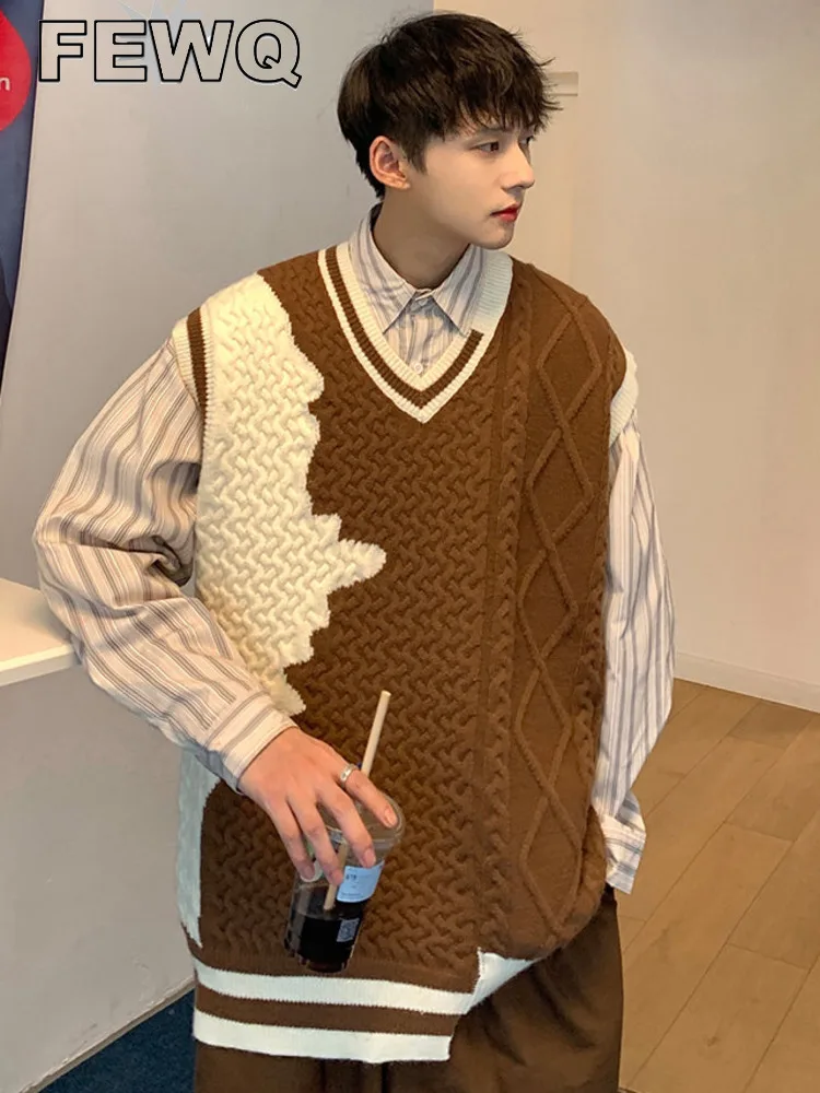 Мужской пуловер без рукавов FEWQ, пуловер контрастных цветов с V-образным вырезом, вязаный свитер в Корейском стиле, осень 2022, 24B147
Мужской пуловер без рукавов FEWQ, пуловер контрастных цветов с V-образным вырезом, вязаный свитер в Корейском стиле, осень 2022, 24B147