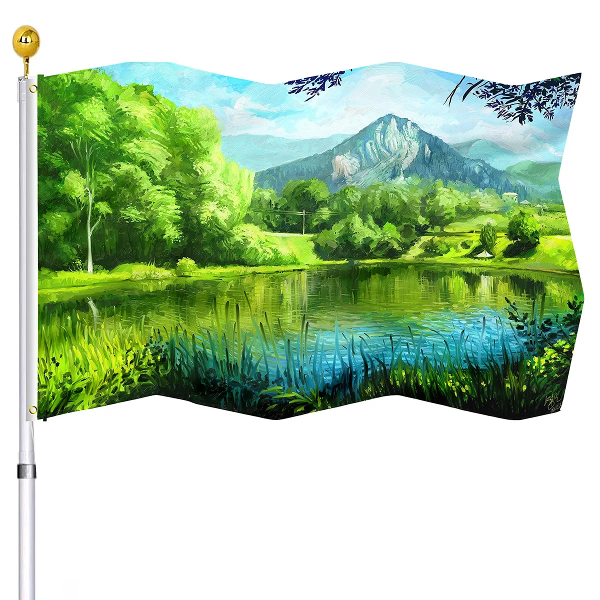 

Landscape Flag Green Trees Lake Mountains Oil Painting Double Stitched Flags with Brass Grommets House Indoor Outdoor Decoration