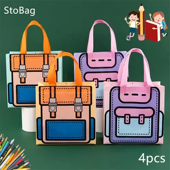 StoBag 4pcs Pink Green Non-woven Bag Gifts The School Season Packaging Candy Snack Food Book Clother Kids Party Student Suppily