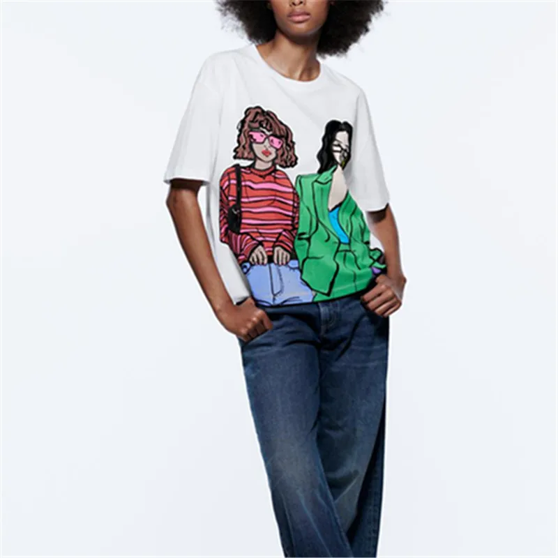 PB&Z2022 spring new women's fashion European and American style cotton round neck short sleeve contrast color girl print T-shirt
PB&Z2022 spring new women's fashion European and American style cotton round neck short sleeve contrast color girl print T-shirt