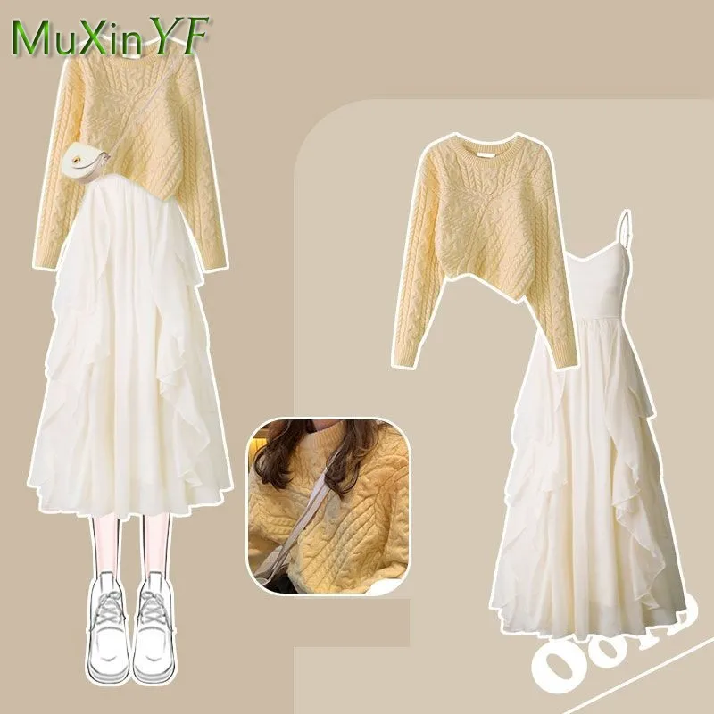 Women's Autumn Winter Suit 2023 New Fashion Knitting Sweater Slip Skirt Two-piece Korean Elegant Chic Woolly Dress Matching Set
Women's Autumn Winter Suit 2023 New Fashion Knitting Sweater Slip Skirt Two-piece Korean Elegant Chic Woolly Dress Matching Set