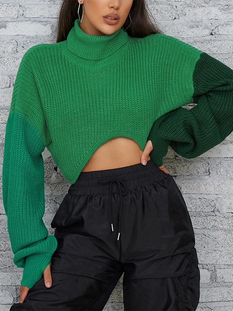 Women's Turtleneck Cropped Knitted Sweater Thumb Hole Colorblock Patchwork Pullover Navel Lantern Sleeve Loose Jumper 2022 Fall
Women's Turtleneck Cropped Knitted Sweater Thumb Hole Colorblock Patchwork Pullover Navel Lantern Sleeve Loose Jumper 2022 Fall