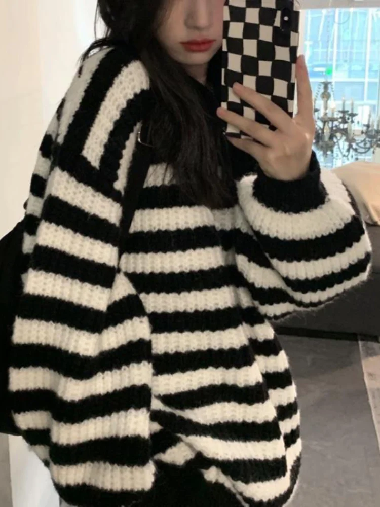 

Женский винтажный свитер в полоску, вязаный пуловер оверсайз в стиле Харадзюку, джемпер свободного кроя, повседневные шикарные топы с длинным рукавом, уличная одежда