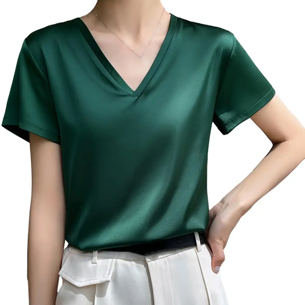 Women Summer Top V-neck Solid Color Soft Short Sleeves Pullover OL Satin Women T-shirt Elegant Blouse Women's Blouse
Women Summer Top V-neck Solid Color Soft Short Sleeves Pullover OL Satin Women T-shirt Elegant Blouse Women's Blouse