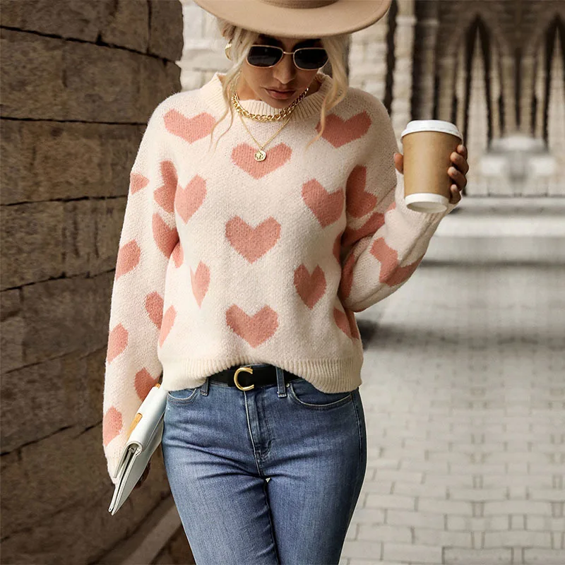 2022 Autumn and Winter New Women's Casual Love Jacquard Sweater Fashion Temperament Elegant Slim Pink Christmas Ladies Sweater 
2022 Autumn and Winter New Women's Casual Love Jacquard Sweater Fashion Temperament Elegant Slim Pink Christmas Ladies Sweater