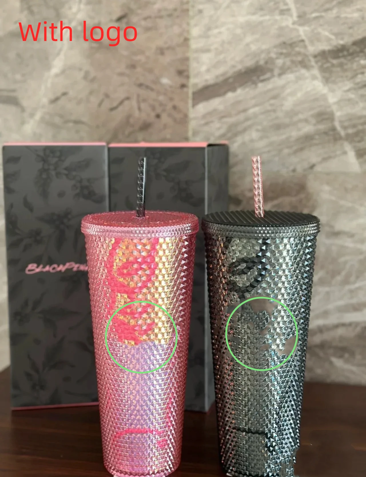 

710ml New Korean Girls' BP Co branded Style with straw with logo durian cup 24oz diamond tie cup cold drink cup Coffee with box