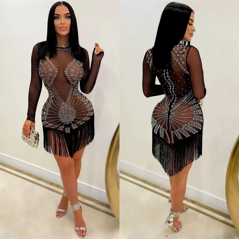 Women's Dress Sexy Elegant Mesh See-through Diamond Tassel Dress Women's Long Sleeve Round-Neck High Waist Irregular Mini Dress
Women's Dress Sexy Elegant Mesh See-through Diamond Tassel Dress Women's Long Sleeve Round-Neck High Waist Irregular Mini Dress