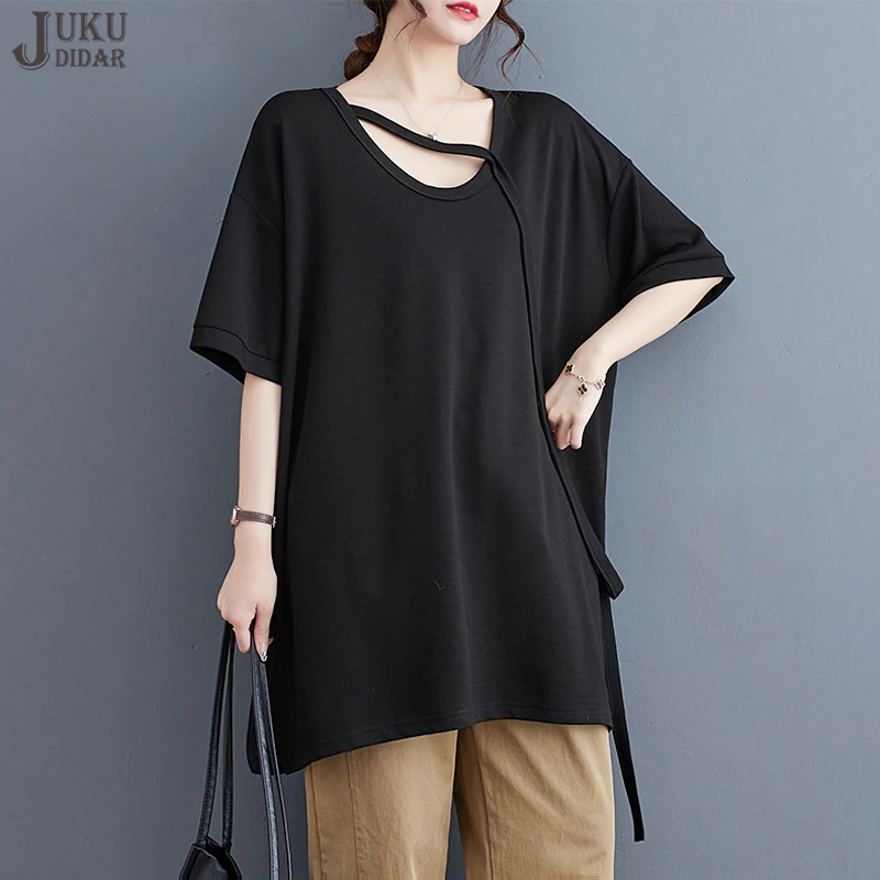 Женская свободная футболка с разрезом по бокам, однотонная черная или хаки футболка большого размера в японском стиле, модель jxt007 на лето 
Женская свободная футболка с разрезом по бокам, однотонная черная или хаки футболка большого размера в японском стиле, модель jxt007 на лето