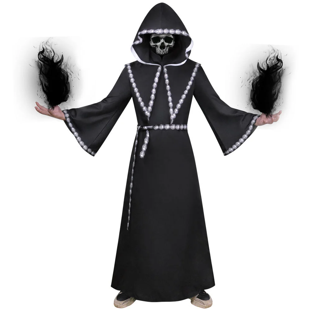 

Wizard Horror Grim Reaper Costume Death Cloak Black with Cape Wizard Vampire Ghost Cosplay Medieval Halloween Costume