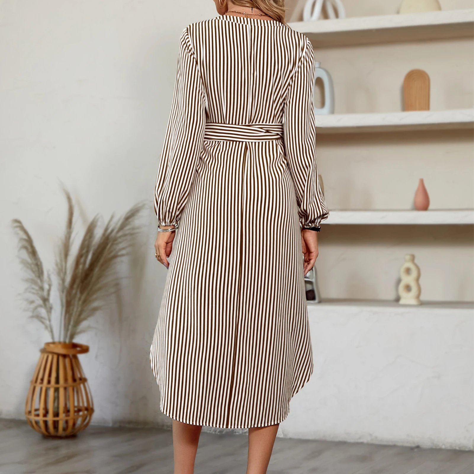 

Women Long Sleeve Dress Casual V-Neck Dress Pullover Lounge Shirt Dress Curved Hem with Belted Daily Commuting Dress
